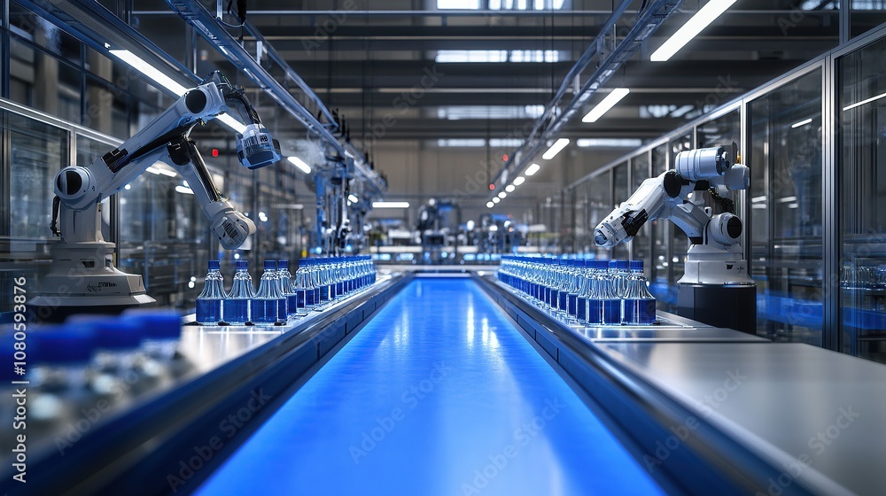 Poster automated production line with robotic arms handling bottles in a factory setting.