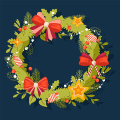 Naklejka premium Simple Christmas Wreath with colorful decorations: leaves, stars, winter berries, bows, ribbons. Holiday traditional decoration for doors. Perfect as a gift, card, invitation