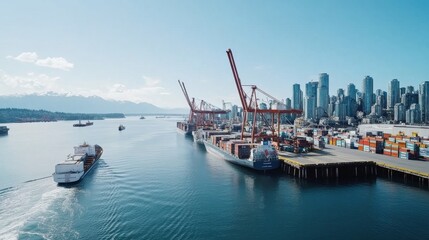 Obraz premium Large cargo vessels are being loaded with containers at a bustling Vancouver port, with a stunning city skyline and mountains visible in the background during an afternoon