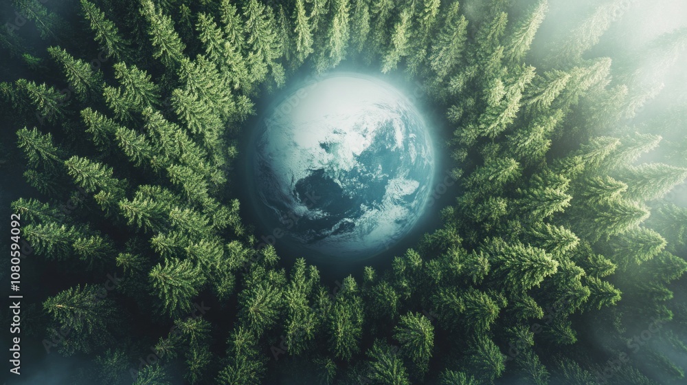 Poster a large blue planet is surrounded by trees