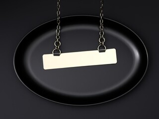 Metal strip hanging from chains on a dark plate, metal chain decor, metal wall art