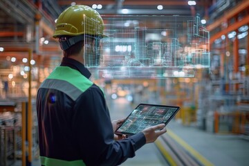 Engineer with helmet and tablet overseeing digital twin hologram of factory and construction plans