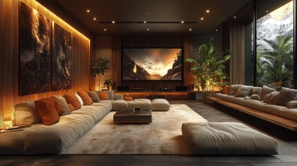 Modern living room with cozy seating and large TV display.