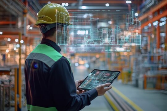 Engineer with helmet and tablet overseeing digital twin hologram of factory and construction plans
