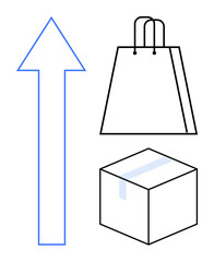 Blue upward arrow with shopping bag and parcel box indicating growth in e-commerce, delivery, and shipping. Ideal for retail expansion, logistics, online shopping, business growth, service