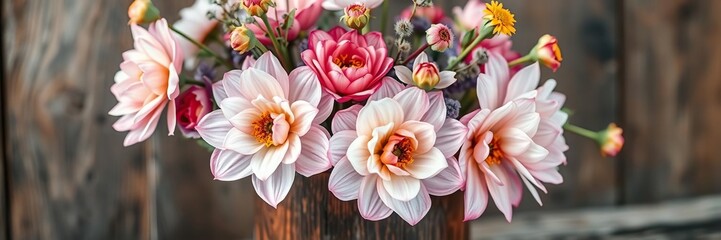 Fototapeta premium Soft focus watercolor blooms filling a rustic wooden vase with natural textures and earthy tones, farmhouse decor, cozy living room