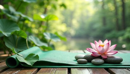 Fototapeta premium Lotus flower and stones on yoga mat in tranquil forest setting