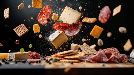 Exploded charcuterie board with slices of cheese, cured meats, and crackers scattered in mid-air, showcasing a gourmet display, [Food exploded], [luxury appetizer presentation]