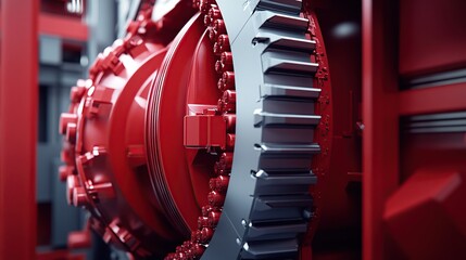 Close-up of a red industrial gear mechanism highlighting precision engineering.