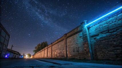 Obraz premium A vibrant blue neon light illuminates a worn brick wall under starry night sky, nighttime, blue hues, glowing lights, nighttime atmosphere