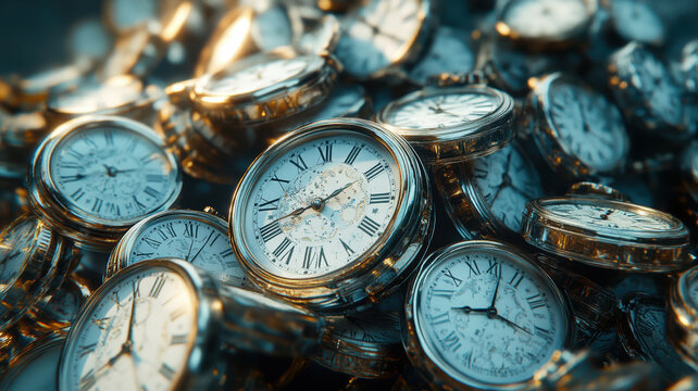 A pile of clocks with roman numerals on them. The clocks are all different sizes and are stacked on top of each other