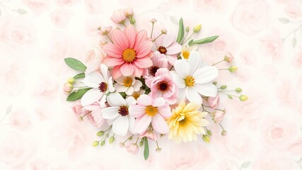 Obraz premium Delicate watercolor flowers arranged in a loose bouquet on a pastel pink floral background, delicate, painting