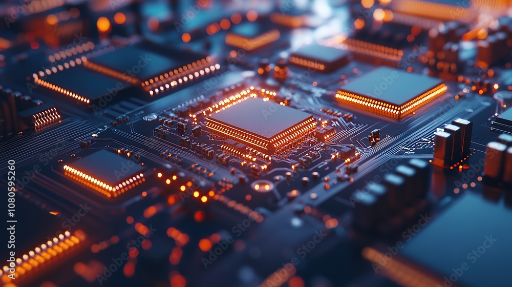 Poster close-up view of a circuit board with glowing components, showcasing technology.
