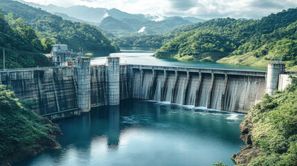 Aerial view of a dam with flowing water and a blue river surrounded by mountains under clear skies in a pristine landscape