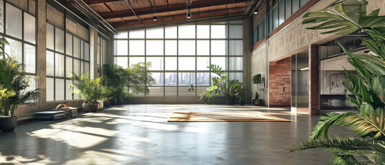 Fototapeta premium Spacious modern warehouse with high ceilings and panoramic windows, showcasing industrial design and empty interior space for versatile use