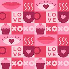 Valentine's day seamless pattern with pink elements and geometric shapes. Template for Valentine holiday design