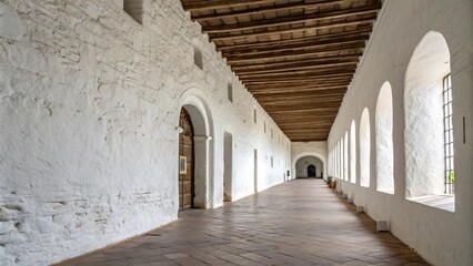 Obraz premium A large white plastered wall in a spacious hallway with a long corridor stretching into the distance, large, corridor, plaster, interior, walls