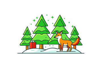 Minimalist Forest Scene with Fox and Evergreen Trees