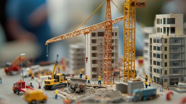 Close-up of a matchbox construction site, complete with miniature cranes and matchstick workers building a new skyscraper, [Matchbox model city], [miniature city in progress]