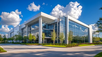 Modern data center building features clean industrial architecture with glass windows, surrounded by green landscaping under blue sky, showcasing minimalist design and sleek corporate facade.