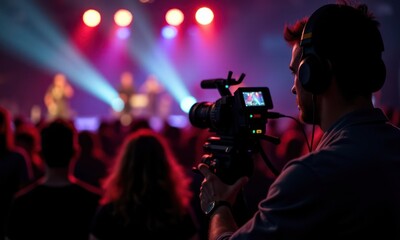 Male cameraman is filming the concert on camera. The crowd is watching the performance. Man with...