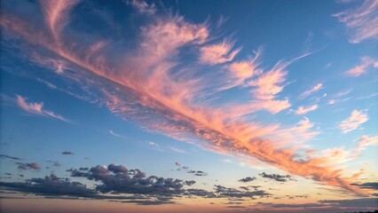 Obraz premium Delicate wisps of cloud drift lazily across the cerulean sky at sunset, leaving behind a trail of soft pink and orange hues, clouds, hills, calming, natural, peaceful