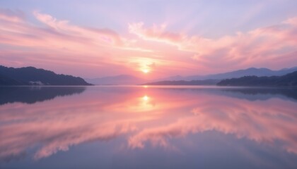Fototapeta premium Peaceful Sunset Lake Reflection in Warm Colors with Copy Space