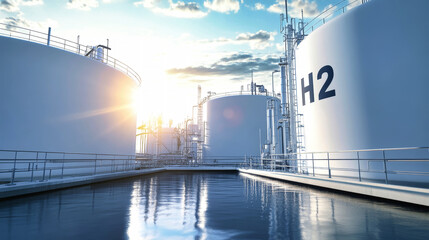 Realistic 3D rendering of hydrogen storage tanks at a production plant under a sunny blue sky with a wide-angle perspective