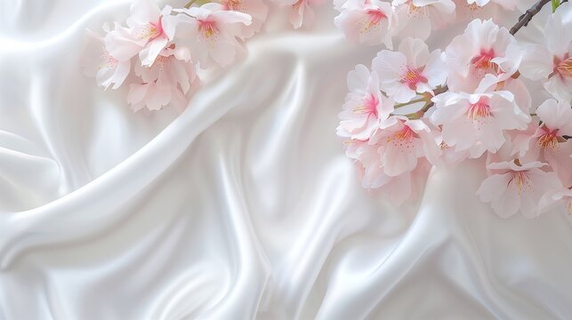 White Flatlay Silk Fabric with Japanese Sakura Flowers Suitable for Beauty Cosmetic Background