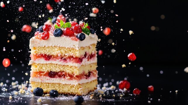 Exploded layered cake with frosting, sponge, and fruit filling flying apart, capturing the textures and indulgence, [Food exploded], [luxury dessert presentation] ,closes up