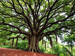 Fototapeta premium Large Banyan Tree in Maui Hi Along Pipiwai Trail, tropical foliage, scenic overlook, banyan tree