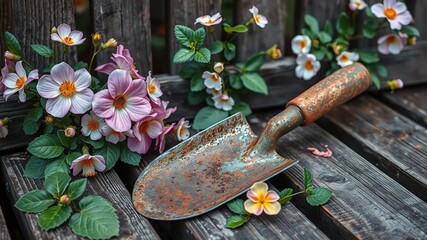 old rusty trowel on wooden bench with blooming flowers and leaves, plant life, green thumb, plant care