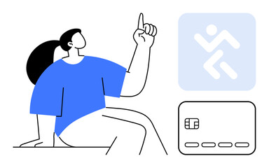 Woman points upward beside a credit card and abstract running figure. Ideal for finance, technology, banking, online payments, e-commerce, fitness, innovation. Line metaphor