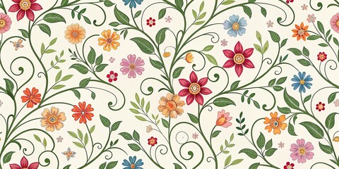 Seamless abstract floral pattern with curved vines and branches intertwined with foliage and colorful flowers, floral, design, organic, flowers