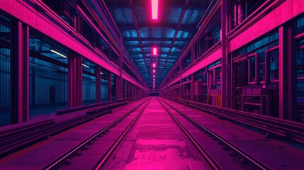 Obraz premium Supply Chain Management concept. A vibrant, neon-lit underground train station with symmetrical tracks extending into a colorful perspective.