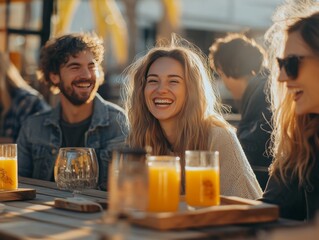 Diverse friends enjoying laughter and refreshing orange juice at a caf on a sunny day