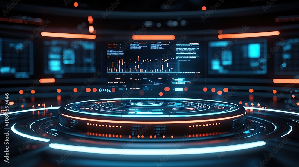 Poster futuristic control room with data displays and glowing interfaces.