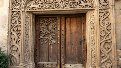 Ancient wooden door with intricate carvings of forest creatures and vines, foliage, mystical symbols