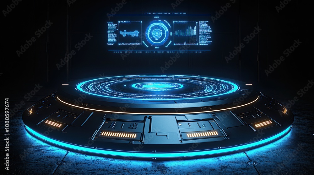 Poster futuristic holographic interface on a circular platform in a dark environment.