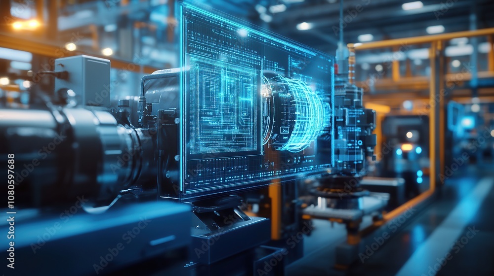 Poster futuristic industrial interface displaying data and technology in a factory setting.