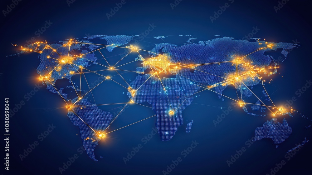 Poster global network map illustrating connections and data flow across continents.