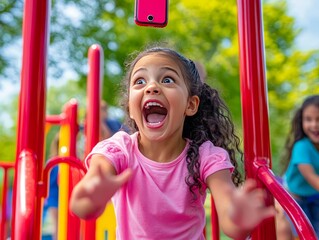 Children enjoying a vibrant playground on a sunny day, one gazes at a phone from a bar