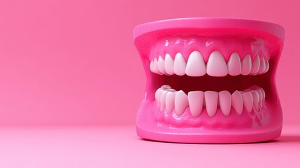 Obraz premium Whimsical pink plastic cup with cartoonish teeth a fun and quirky addition to your drinkware collection