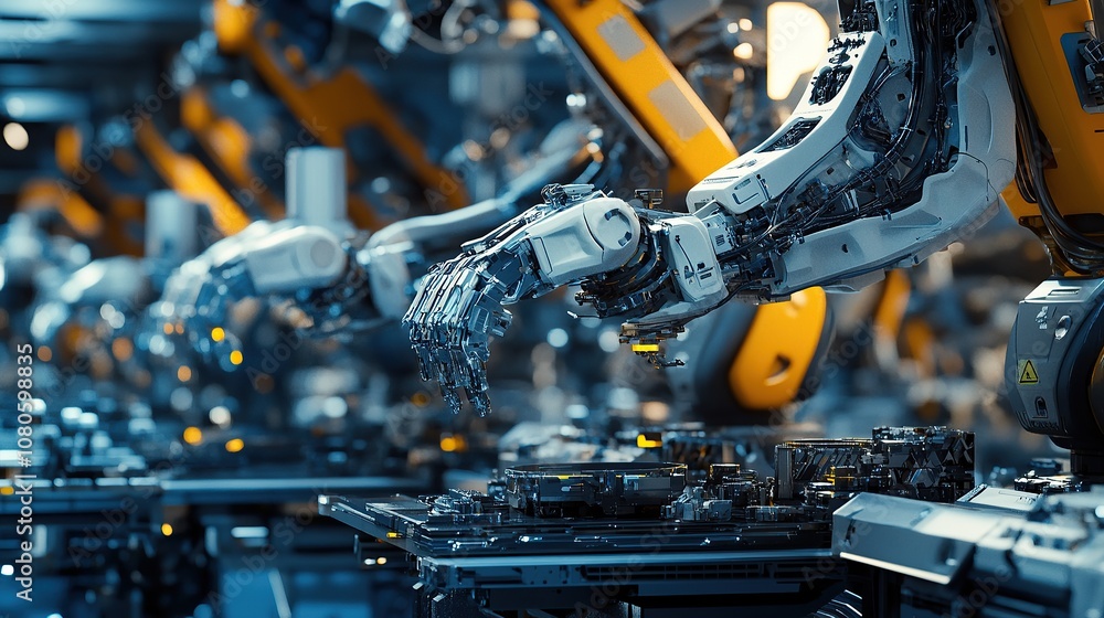 Aufkleber industrial robots assembling components in a high-tech manufacturing environment.