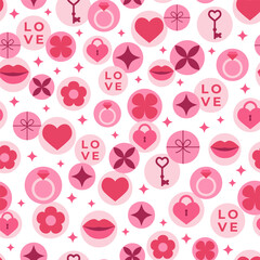 Seamless pattern with pink elements in circles. Template for Valentine holiday design