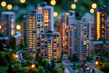 Close-up of a matchbox skyscraper with tiny windows and doors, surrounded by miniature trees and streetlights, [Matchbox model city], [detailed urban design]