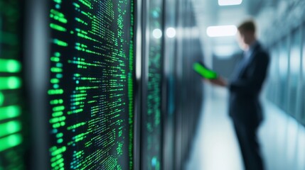 A professional in business attire examines data on a digital display within a modern server room, surrounded by rows of servers and illuminated screens