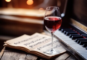 A glass of red wine beside sheet music on an old piano