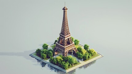 A stylized depiction of the Eiffel Tower surrounded by greenery on a small island.