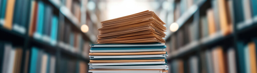 A stack of organized paper files on a table, showcasing a well-arranged office space surrounded by blurred shelves of books and documents.